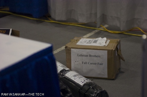 The Lehman Brothers’ booth was empty at the Career Fair, except for several packages of recruiting material that had been previously mailed. Lehman Brothers declared bankruptcy shortly before the fair citing losses from the subprime mortgage crisis.