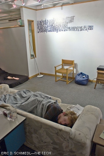 Seen around 3:30 a.m. on Thursday morning, William D. McKenna ’08 of the campus art group Cracked sleeps in the Wiesner Student Art Gallery as part of a performance art project.