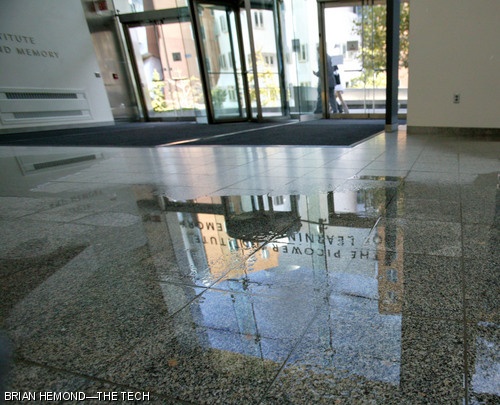 On Wednesday, the Picower Institute for Learning and Memory was evacuated due to the accidental triggering of a sprinkler system during construction on the sixth floor. The flooding reached the ground floor, puddling in the lobby near the main entrance of the building.