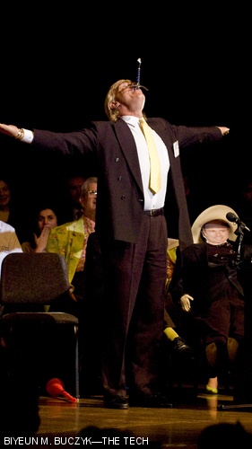 Ig Nobel Prize Laureate Dan Meyer swallows a sword for the audience. He won the Medicine Prize last year for investigating the side-effects of swallowing swords.