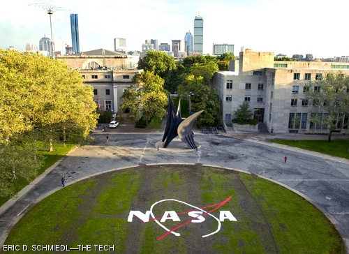 MIT hackers put the NASA logo on McDermott Court, often called “The Dot,” on Oct. 1, exactly 50 years after the National Aeronautics and Space Administration began operations.