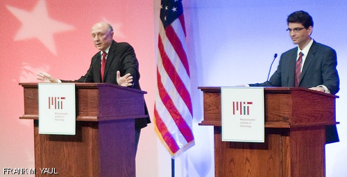 Former Director of the C.I.A. R. James Woolsey (left) and executive director of the National Commission on Energy Policy Jason Grumet debate energy policy as campaign surrogates for U.S. Presidential candidates John McCain and Barack Obama (respectively) at Kresge Auditorium on Monday evening.