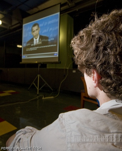 Bryan L. Newbold ’09 watches a screening of the third presidential debate on Wednesday evening in the Coffeehouse of the Stratton Student Center. The screening of the debate was a joint presentation of the MIT Forum on American Progress, Current.com, and the Student Activities Office, and featured live commentary from users of Twitter, an internet blogging service.