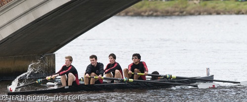 Oarsmen (Left to right) Jameson W. Nash ’11, Johannes A. Schneider ’10, Adam Bockelie ’11, and Timothy J. Villabona ’09, led by coxswain Diana T. Wu ’11, power MIT’s Men’s Varsity Lightweight Four past the Weeks footbridge in Sunday’s Head of the Charles regatta. The crew finished 10th out of a field of 14 teams with a time of 18:03.215. The Head of the Charles is the world’s largest two-day regatta, with more than 8,000 athletes from around the world racing the 3 mile course.