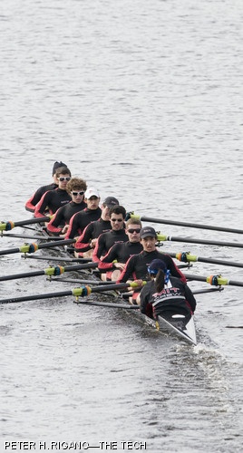 (Front to back) Emily C Shao ’11 (coxswain), Nicholas B. Murlo ’10, Ryan A. Flynn ’10, Ryan M. Daspit ’09, Aaron M. Blankstein ’10, Richard A. Suarez ’11, Keith T. Loebner ’11, Samuel B. Paul ’11, and Russell J. Ryan ’09 row MIT’s Men’s Varsity Lightweight Eight towards the Eliot Bridge in Sunday’s Head of the Charles Regatta. The Engineers finished the event 16th out of 21 with a time of 15:48.5.