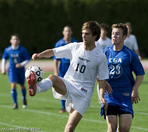 Christian W. Therkelsen ’11 takes control of the soccer ball from the U.S. Coast Guard Academy. MIT triumphed 2-1 for their first victory over the Academy since 2004.