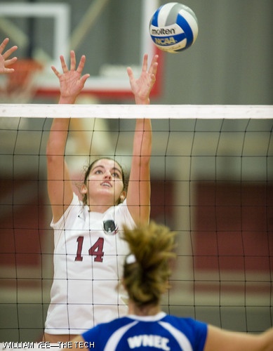 Alexandra T. May ’10 reaches for a block against Western New England College on Saturday, Oct. 18. MIT claimed first place in the Quad Tournament with victories over Western New England and Saint Mary’s Colleges.