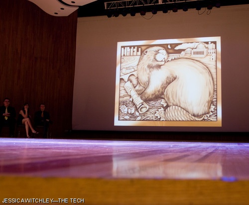 The bezel for the 2010 Brass Rat is presented to the Class of 2010 during Ring Premiere held last night in Kresge Auditorium. Besides the typical features of the beaver grasping a diploma, the phrase “IHTFP” is hidden in the buildings in the background and a fire truck is included to represent a Sept. 11, 2006 hack.