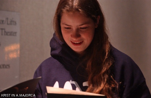 Kachina C. Gosselin ’10 browses through a pamphlet that explains the details of the 2010 Brass Rat during Ring Premiere held last night in Kresge Auditorium.