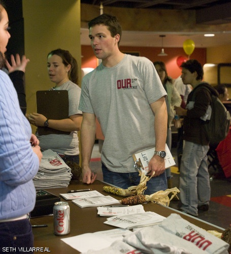 Nikolai D. Begg ’09 learns about the Senior Gift during the opening ceremony on Nov. 13 in the Coffeehouse. The Class of 2009’s gift will be a donation to MIT’s OpenCourseWare. The money will be used to update the course material for 5.111, a freshmen chemistry course.
