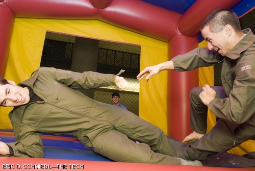 Students from the Burton 5, Conner 2, and Burton 4 halls in Burton-Conner House set up a “moonbounce” inflatable structure in Lobby 7 just after midnight on Tuesday morning.