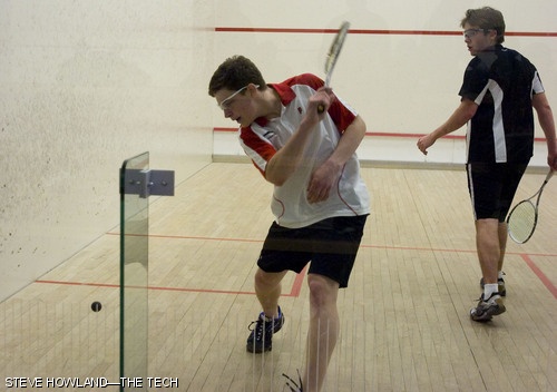 Austin Anderson ’12 prepares a backhand drive in Sunday’s squash tournament against Vanderbilt University at the Zesiger Center. MIT won the match, with Victories by Andrew Yoon ’10, Saad Zaheer ’09, John R. Kucharczyk ’11, and Robert A. Habib ’11.