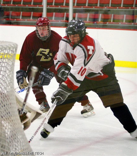 Forward Nicholas R. LaBounty ’09 crashes the net against Boston College in Johnson Ice Rink on Wednesday. LaBounty’s second period goal gave them a brief 2-1 lead, but MIT went on to lose 4-2.