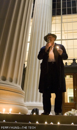 Institute Chaplain Robert M. Randolph leads a prayer and a moment of silence for victims of the terror attacks in Mumbai, India during a candlelight vigil held in Killian Court on Tuesday evening.