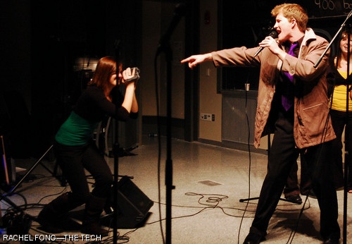 John C. McGonagle ’09 rick-rolls the audience during a skit at the MIT/Wellesley Toons Fall Concert last Saturday in 10-250.