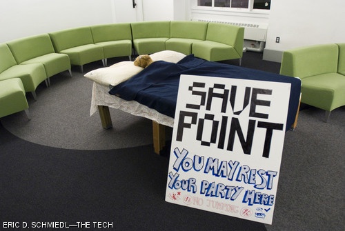 Hackers placed a bed and accompanying sign marked “Save Point: You may rest your party here” in the student lounge adjacent to Lobby 10 in the Infinite Corridor on the morning of December 17. The bed was a reference to video game “save points,” as well as the approaching end of the Fall 2008 term and final exams.