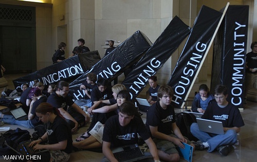 Pillars illustrating the MIT community’s concerns over communication, hacking, dining, and housing appeared in Lobby 7 on Oct. 17 as part of a “tool in” organized by protesters calling themselves the “Campaign for Students.”