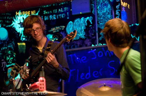 Guest bass guitarist Jack Murphy ’10 (left) and drummer Michael S. Fleder ’08 glance at each other during the performance by the Johnson/Fleder Sub-Trio, which featured Murphy and DJ Shiftee (Sam Zornow of Harvard University). The Bexxxley Roxxx Some More concert, which happened Saturday night in the basement of Bexley Hall, featured a number of MIT student bands.