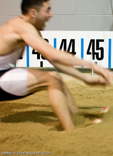 Anthony D. Teixeira ’08 lands in the sand at the end of a 13.53-meter (44’ 4.5”) triple-jump. Teixeira finished 7th in the event with a jump of 13.85 meters (45’ 5.25”). The MIT men’s track and field team finished 3rd in the New England Division III championship meet with 101 points, behind Williams College (106 points), and Tufts University (118 points).
