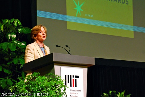 President Susan Hockfield delivers the concluding comments of the 2008 MIT Excellence Awards on Tuesday afternoon.