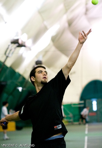 Eric A. Beren ’08 serves during his doubles match against Stevens Institute of Technology in the J.B. Carr Tennis Bubble last Saturday. Teamed with Ken Van Tilburg ’11, MIT’s top doubles pair won the match 8-4 as the Engineers won the match 6-3 for their third win of the season.