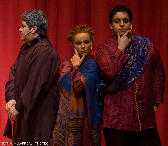 The Rev. Crisparkle (Luis Loya ’06, left) welcomes his new charges from Ceylon, Helena and Neville Landless (Priscilla W. Army ’10 and Carlos Cardenas ’09) in MTG’s rendition of “The Mystery of Edwin Drood.”