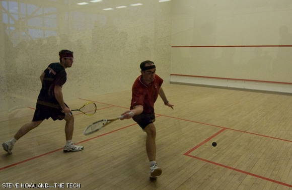 George W. Pratt ’10 stretches to return a deep shot from his Northeastern opponent. MIT faced off against Fordham University and Northeastern last Saturday, defeating Fordham 8-1 before falling to Northeastern 9-0. They were the final home matches for seniors and co-captains Balaji V. Sridhar ’09 and Saad Zaheer ’09.