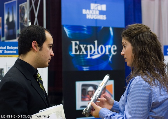 Amy L. Carrington (right), representative from Baker Hughes Inc., explains models of her company’s products to interested student Eric Hilton ’08 during Techfair, which was held on Feb. 2 in Rockwell Cage.