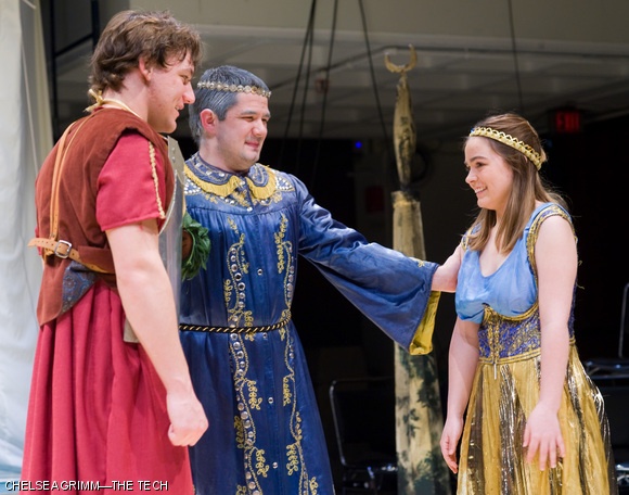 (left to right) Zachary D. Tribbett ’12, Kellas R. Cameron ’10, and Jessica I. Wooton ’12 portray Pericles, Simonedes, and Thaisa, respectively, in the dress rehearsal of MIT Shakespeare Ensemble’s presentation of Pericles, playing this weekend and next in La Sala de Puerto Rico in the Stratton Student Center.
