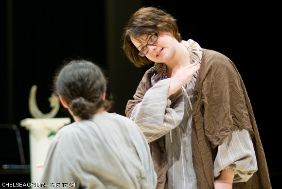 Grace M. Kane ’11 (right) and Angelina Del Balzo portray a Bawd and Boult, respectively, in the dress rehearsal of MIT Shakespeare Ensemble’s presentation of Pericles, playing this weekend and next in la Sala de Puerto Rico in the Stratton Student Center.