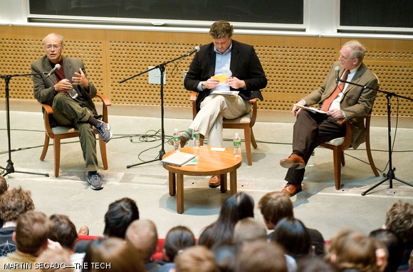Atheist philosopher Peter Singer (professor of bioethics at Princeton University, left) addresses questions about morality and ethics last Saturday as Christian philosopher John Hare (professor of philosophical theology at Yale, right) looks on. Eric Gregory (assistant professor of religion at Princeton, center) moderated the discussion, which was part of MIT’s Veritas Forum. The event, organized by campus Christian organizations with help from Veritas Forum staff, invited prominent speakers to discuss ethics, beauty, and the relationship between science and faith.