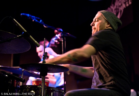 Drummer David King evokes an electronica groove on the drums at Iron Horse Music Hall in Northampton, Mass.