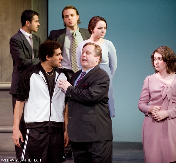 Julius Caesar (front right: Steve Barkhimer) and Mark Antony (front left: Sean P. Faulk ’11) discuss Cassius’ character. Titinius (back left: Prannay Budhraja ’10), Trebonius (back center: Skylar W. Desa ’10), Portia (back left: Grace M. Kane ’11), and Calpurnia (far left: Hanna S. Kuznetsov ’09) wait patiently for Caesar.