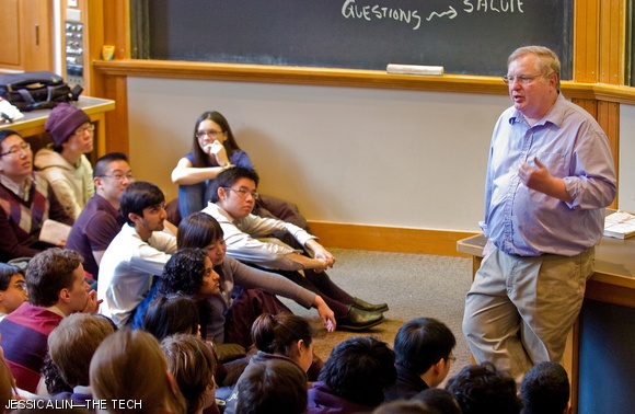 Professor of Electrical Engineering and Computer Science Patrick H. Winston ’65 gives his annual talk, “How To Speak,” to a packed audience in 6-120 on Friday, Jan. 30.