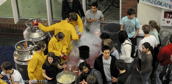 East Campus residents prepare wildly-flavored liquid nitrogen ice cream during the CPW festival on April 16. The selection included blueberry, vanilla, mango, and rhubarb ice cream, along with an array of fun toppings.