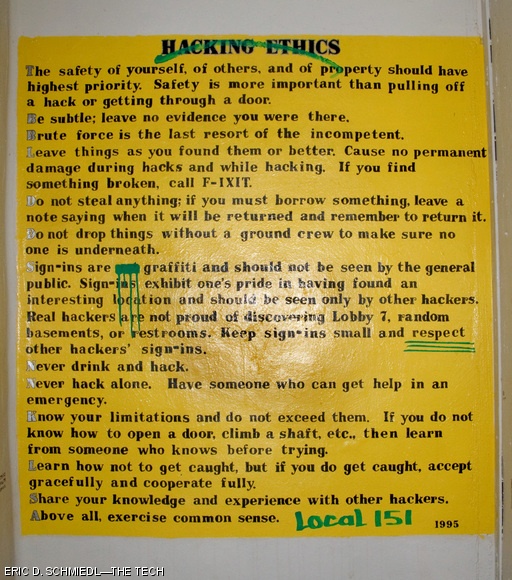 Some time after Campus Preview Weekend, vandals calling themselves “Local 151” defaced the Hacking Ethics mural in an MIT basement as retaliation after members of the hacking community cleaned up graffiti in the area.