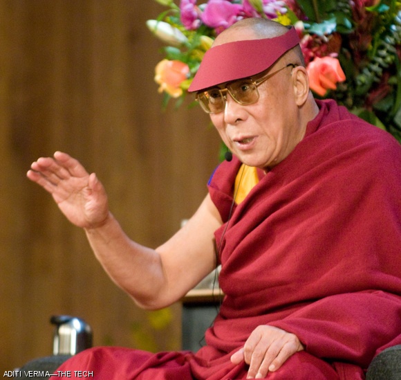 His Holiness the 14th Dalai Lama, Tenzin Gyatso, addresses a packed Kresge Auditorium on Thursday afternoon at the inaugural event of The Dalai Lama Center of Ethics and Transformative Values, a venture under MIT’s Office of Religious Life.