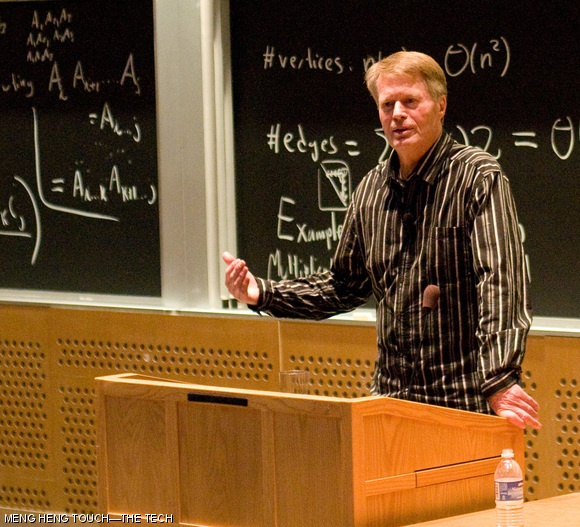 The 2008 Nobel Prize Winner in Literature, Jean-Marie Gustave Le Clézio, answers questions from the audience during a discussion in 32-123 on Tuesday.
