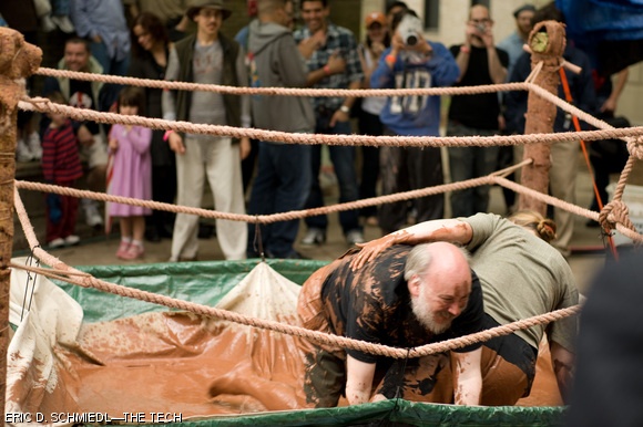 Housemasters Henry and Cynthia Jenkins kicked off the mud wrestling with their last match as Senior House housemasters, as Henry Jenkins has decided to accept a position at the University of Southern California. Mud wrestling along with the lighting of the steer-roasting pit mark the beginning of MIT’s Senior House Steer Roast party on May 1.
