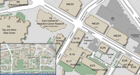 This map shows the location of the body of Han Duy Nguyen G, found in the parking lot east of MIT Building E19. Nguyen fell from the roof of the building late-morning Tuesday. E19 is at the corner of Main St. and Ames St.