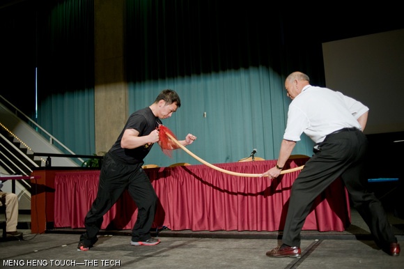 Master Winchell Woo and Nathan Li from the Shaolin Hung Gar Martial Arts Academy demonstrate using “Qi,” the body’s flow of internal energy, to defend against a spear attack during the “Channeling Qi” event hosted by the MIT Traditional Medicine Society in Lobdell last Friday, May 8.