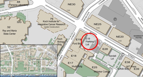 This map shows the location of the parking lot east of MIT Building E19 where Han D. Nguyen G was found. Nguyen fell from the roof late-morning Tuesday. E19 is at the corner of Main St. and Ames St.