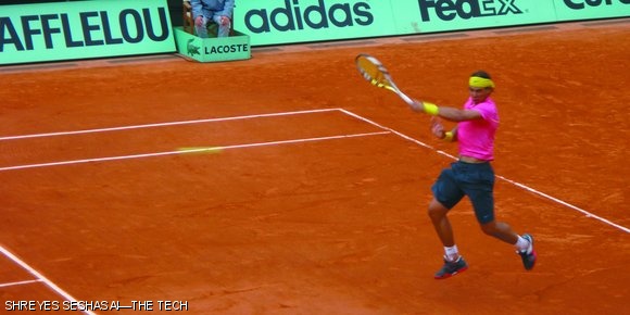Top-ranked Rafael Nadal unleashes a forehand during his second round win against Teimuraz Gabashvili at the 2009 French Open. Nadal would eventually lose to #23 Robin Soderling in the fourth round, ending his streak of 31 consecutive wins at Roland Garros.