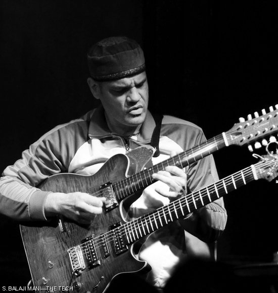 David Fiuczynski plays a custom-made double neck guitar, supporting Hiromi Uehara’s performance at Sculler’s Jazz Club on May 23.