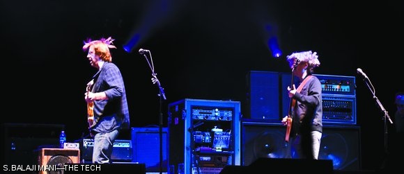 Anastasio (left) and Gordon perform a jumping routine on trampolines during “You Enjoy Myself,” which clocked in at twenty minutes at Fenway Park.