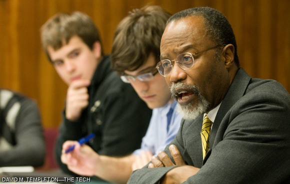 (right to left) Chancellor Phillip L. Clay PhD ‘75 speaks to the Undergraduate Association Senate as UA President Noah S. Jessop ’09 and UA Vice President Michael A. Bennie ’10 look on Monday evening in W20-400.
