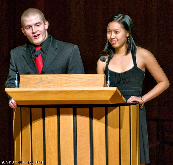 Class of 2011 Ring Committee Chair Mitchell T. Westwood ’11 and Vice Chair Anita Y. Lin ’11 unveil the Brass Rat bezel at the Class of 2011 Ring Premiere ceremony, held last Friday in Kresge Auditorium.