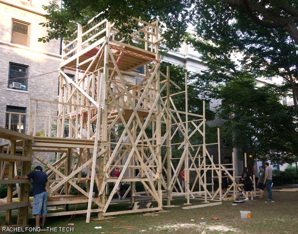 East Campus residents make progress on their traditional one-person roller coaster on Tuesday afternoon. The dorm builds many large-scale wooden constructions as part of Residence Exploration (REX) every year.