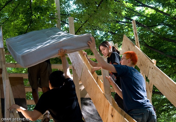 (clockwise from top-right) Amy Qian ’11, Jack L. Jester-Weinstein ’12, Itaru L. Hiromi ’11, and Arka P. Dhar ’10 (also a Tech photographer) carry mattresses to the end of the East Campus roller-coaster during testing on Aug. 30. The mattresses served to slow down the carts at the end of the ride.
