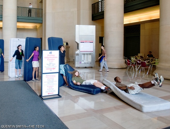 Twenty-one people participated in an attempt to break the “mattress dominoes” world record. The attempt on Tuesday in Lobby 7 and the Infinite Corridor was organized by Admissions blogger Michael J. Snively ’11. Unfortunately, they didn’t beat the Guinness World Record of 80 mattresses.